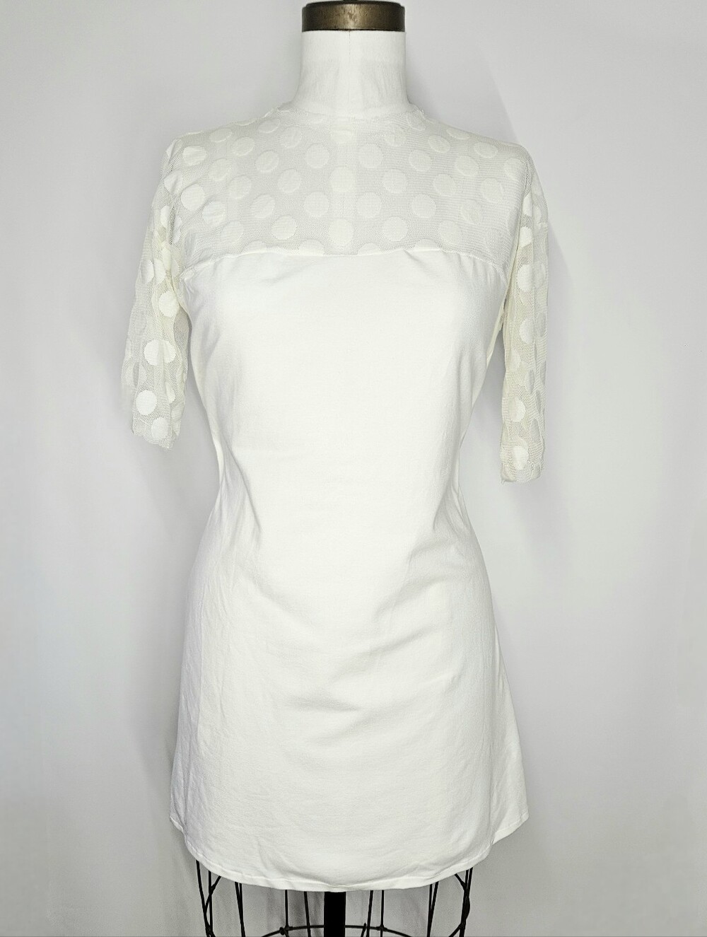 I Saw It First XL Dress White Bodycon Polkadot Mesh Stretchy Jersey 3/4 Mini